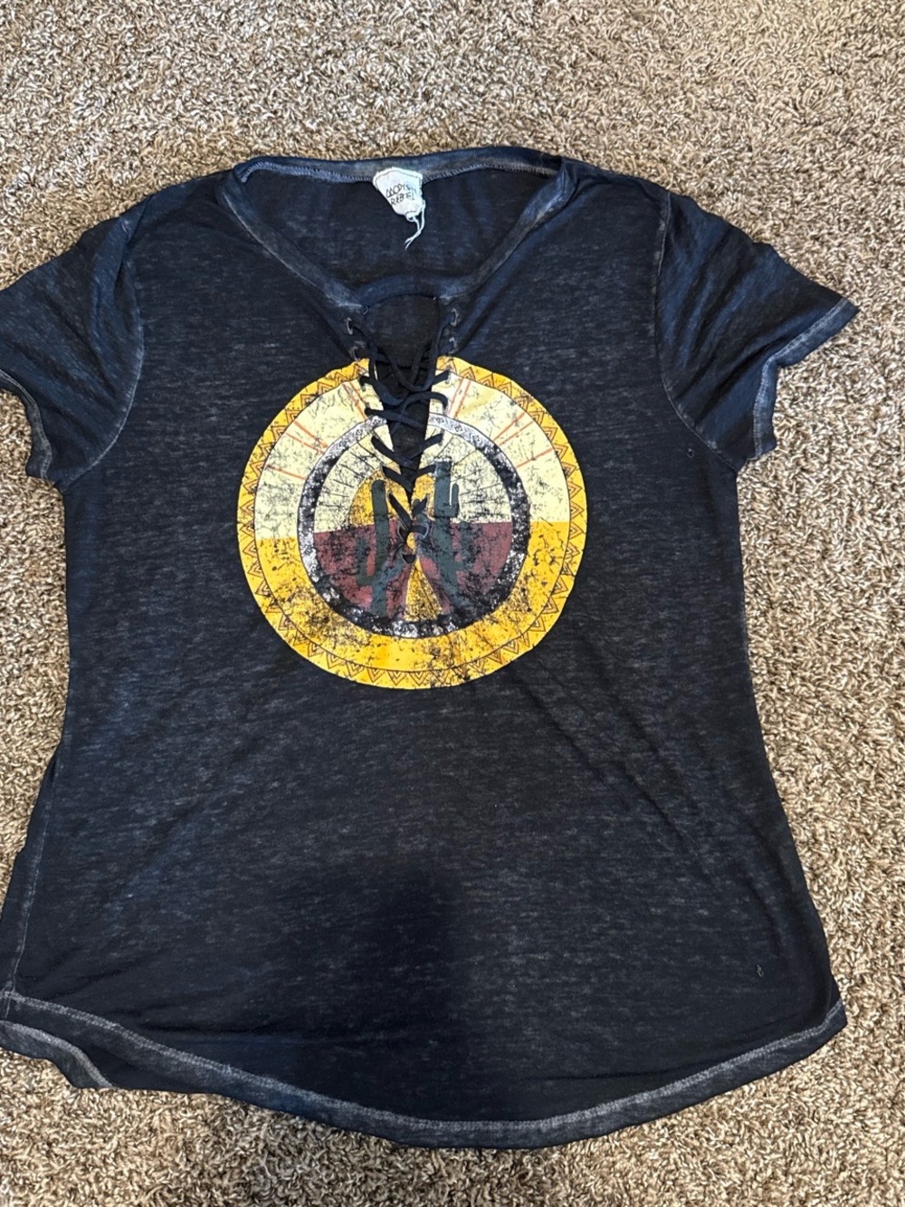 Buckle Black Lace-Up V-Neck Tee with Yellow & Red Graphic